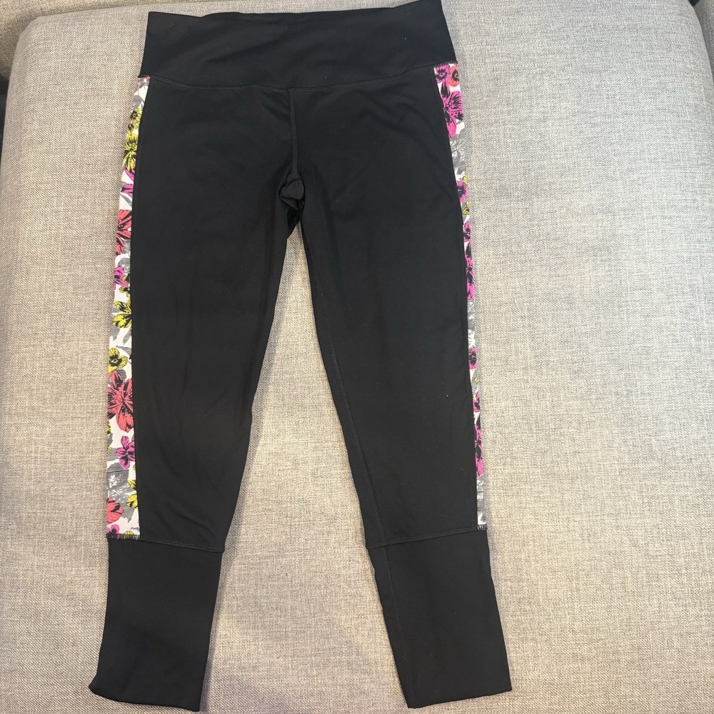 VSX Victoria's Secret Knockout Leggings Womens Black Floral Side Stripe Yoga